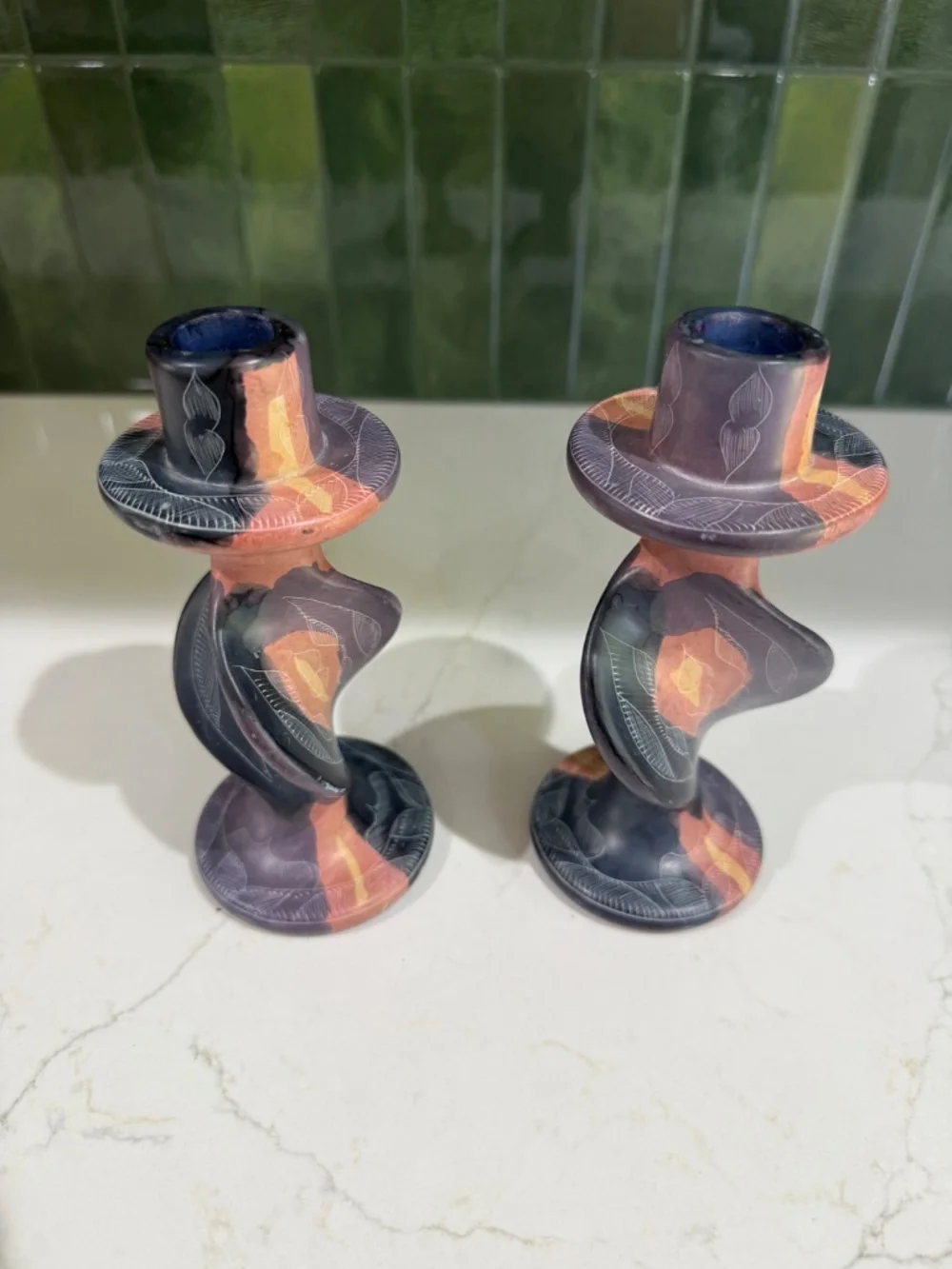 Pair Hand Carved Kenya Soapstone Candlesticks
